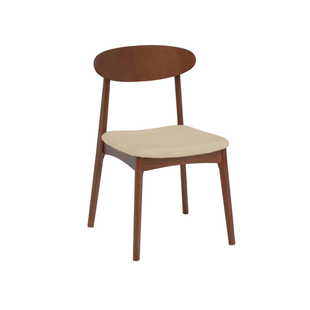 Set 2 sedie vintage in legno di hevea noce e tessuto, beige