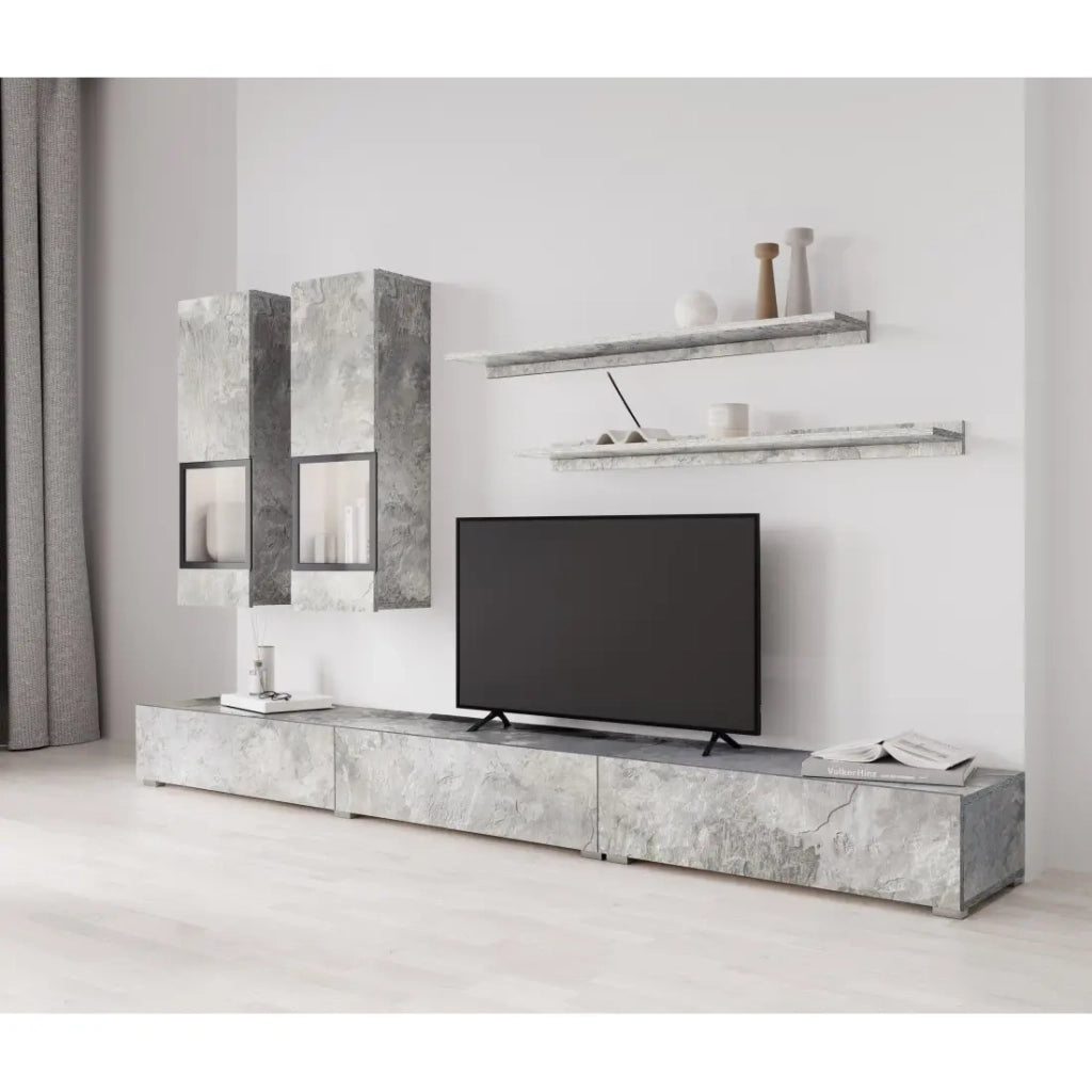 Set parete soggiorno RAMOS – Effetto cemento grigio – Mobile TV XL + vetrine + mensole – Senza LED