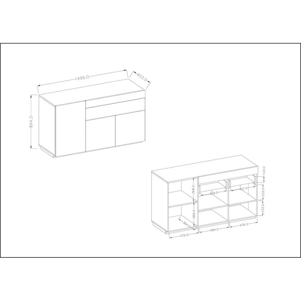Buffet, credenza, enfilade KILES con tre porte e un cassetto. Colori bianco e rovere. Stile design.
