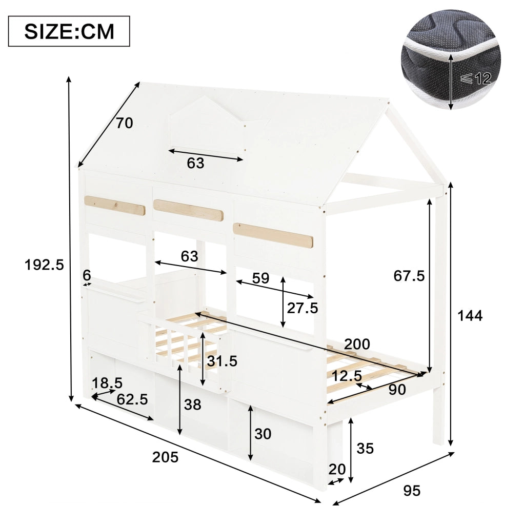 Letto a soppalco per bambini bianco 90x200 cm con libreria integrata