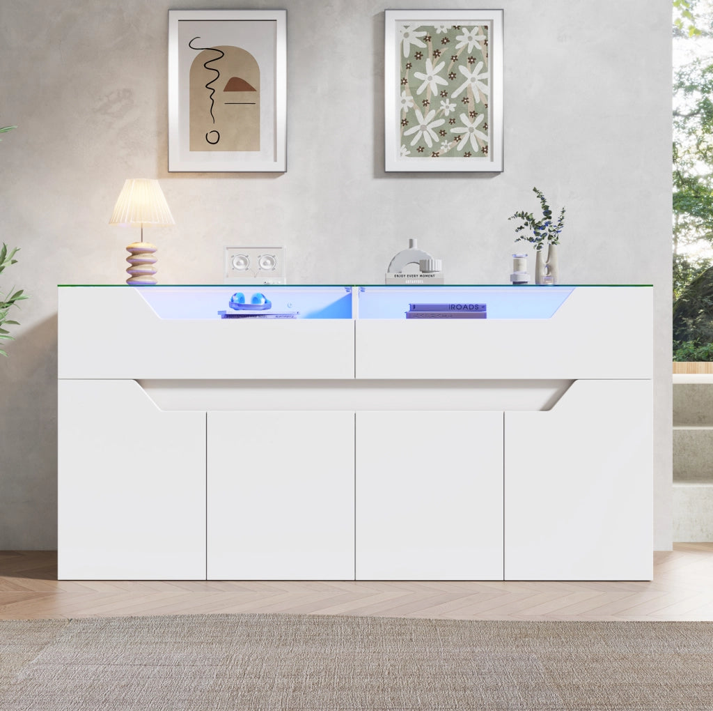 Credenza bianca 140x40x70 cm con LED, vetro e 2 cassetti
