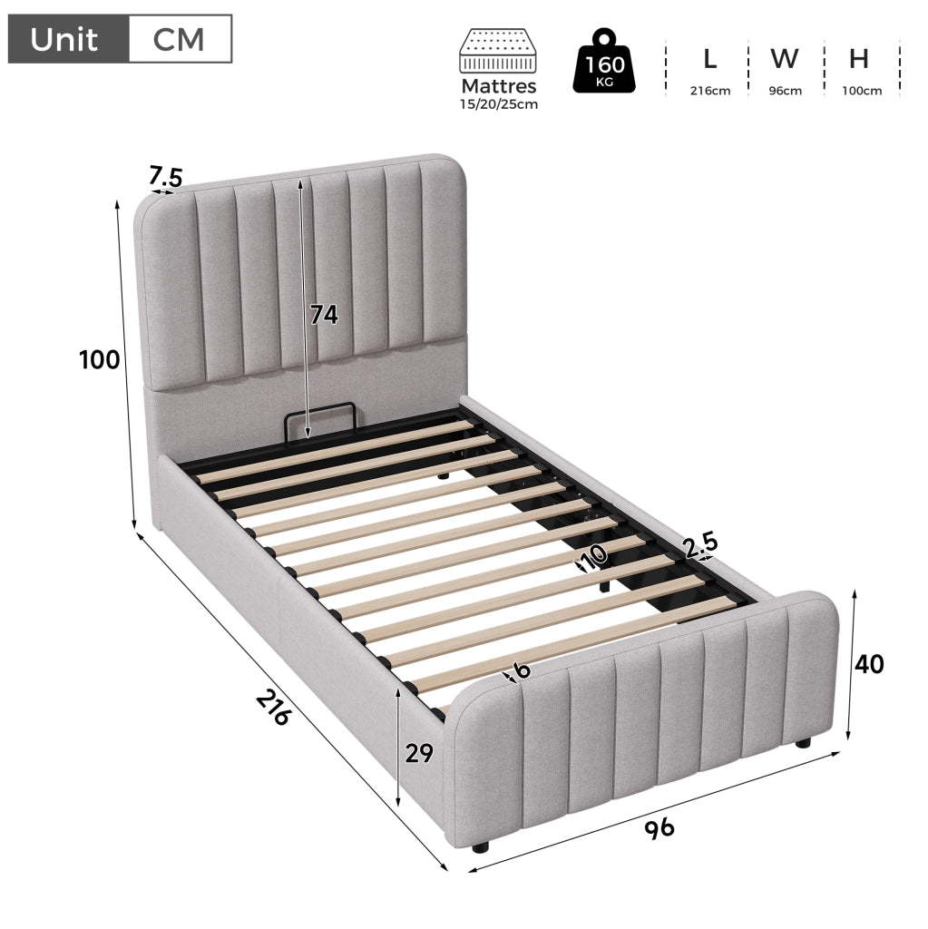 Letto imbottito 90x200 cm con contenitore idraulico in lino grigio