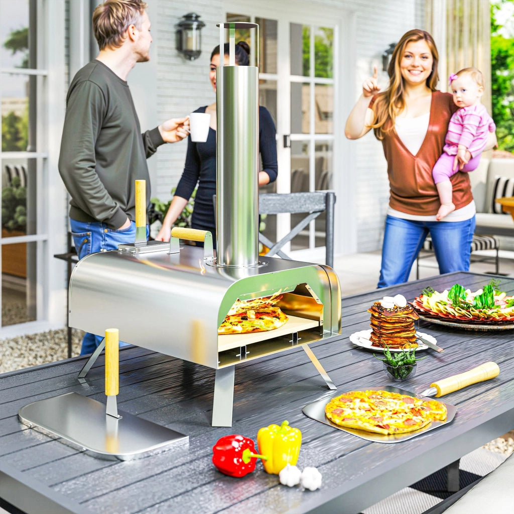 Forno per Pizza a Pellet 79x36x75 cm con Pietra Refrattaria e Pala in Acciaio Inox Argento