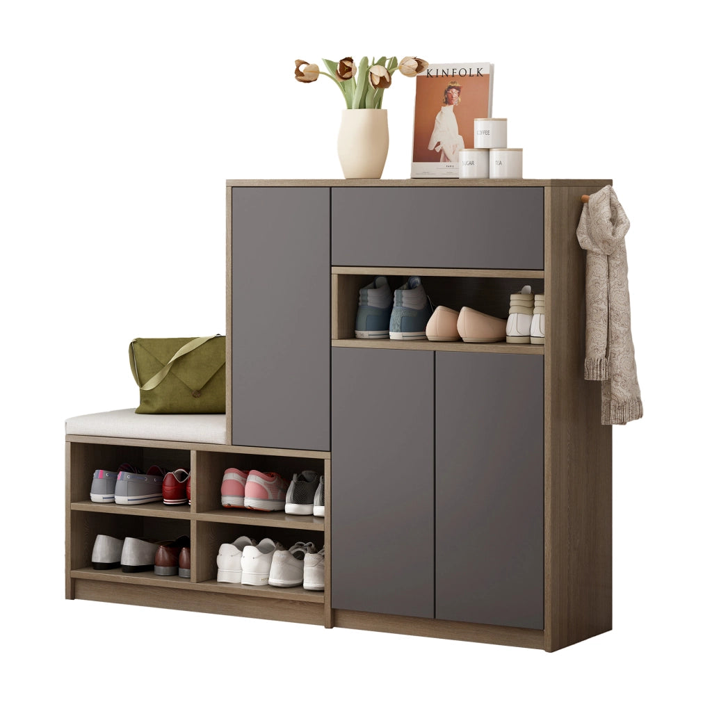 Mobile portascarpe con panca imbottita e ripiani regolabili, grigio, 140x35x110 cm