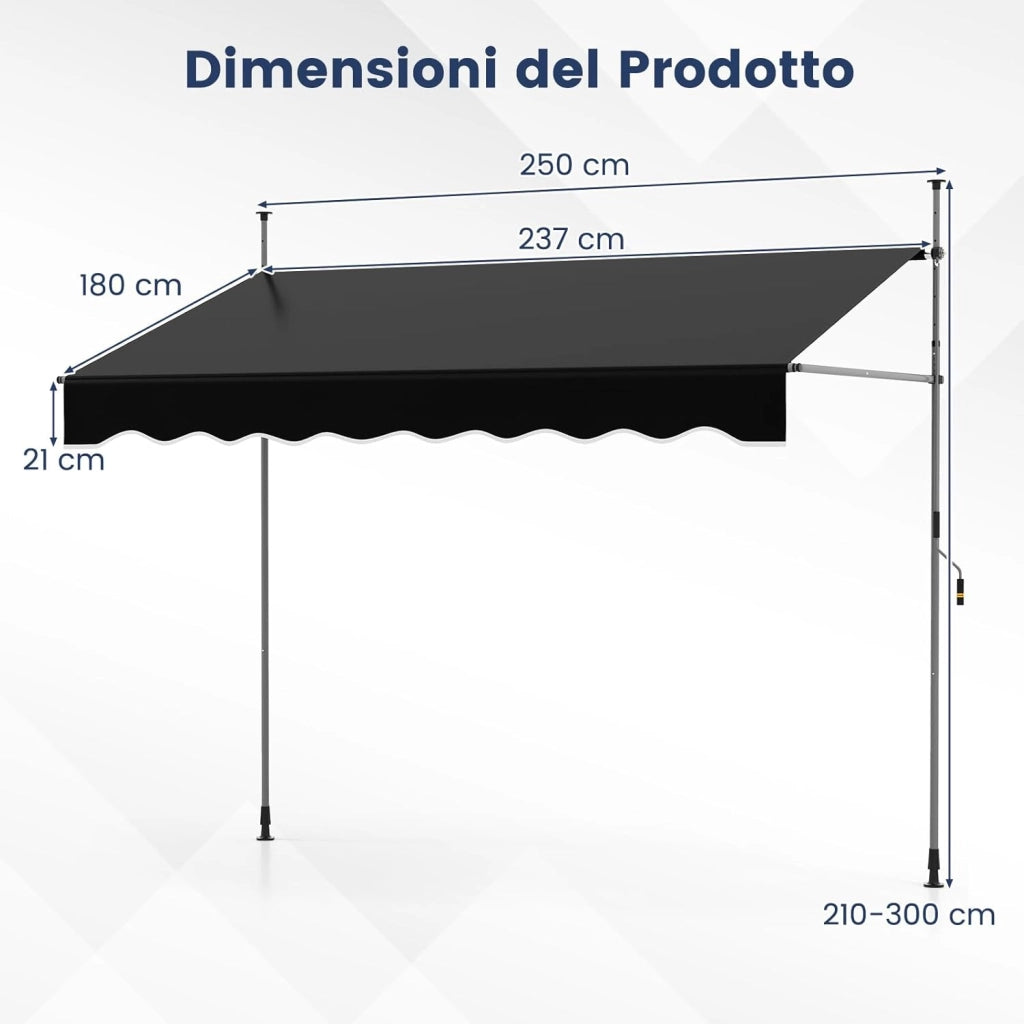 Tenda da Sole a Morsetto, Regolabile in Altezza e Inclinazione con Manovella, Telo Impermeabile e Resistente ai Raggi Solari e Telaio Antiruggine, Tenda Retrattile Senza Foratura (2,5M,Nero)