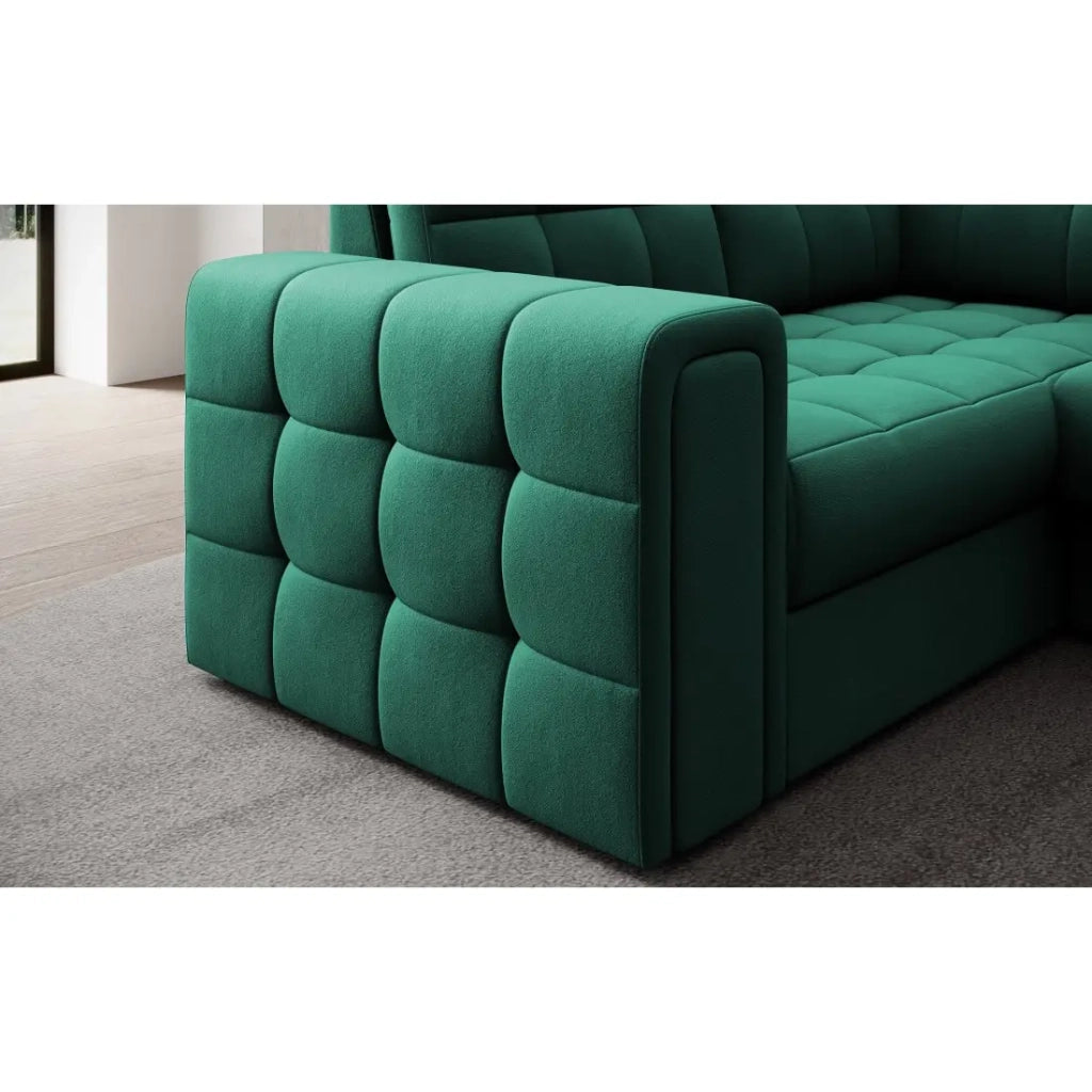 Divano ad angolo convertibile MONTEZA verde 299 cm con contenitore e letto