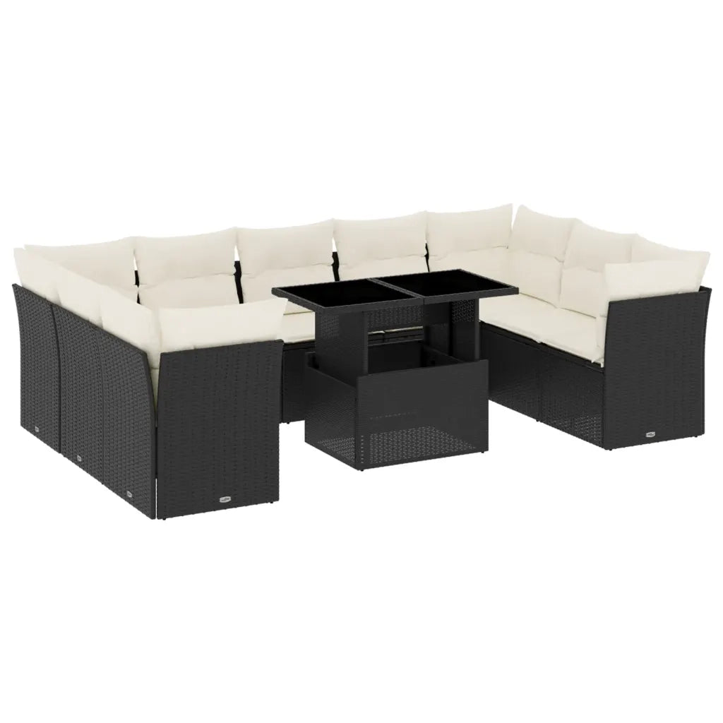 Set Divani da Giardino 10pz con Cuscini in Polyrattan Nero