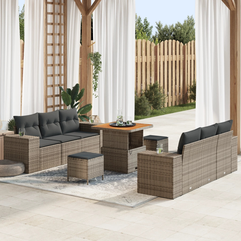 Set da giardino con 9 pezzi e cuscini in grigio poly rattan e acacia