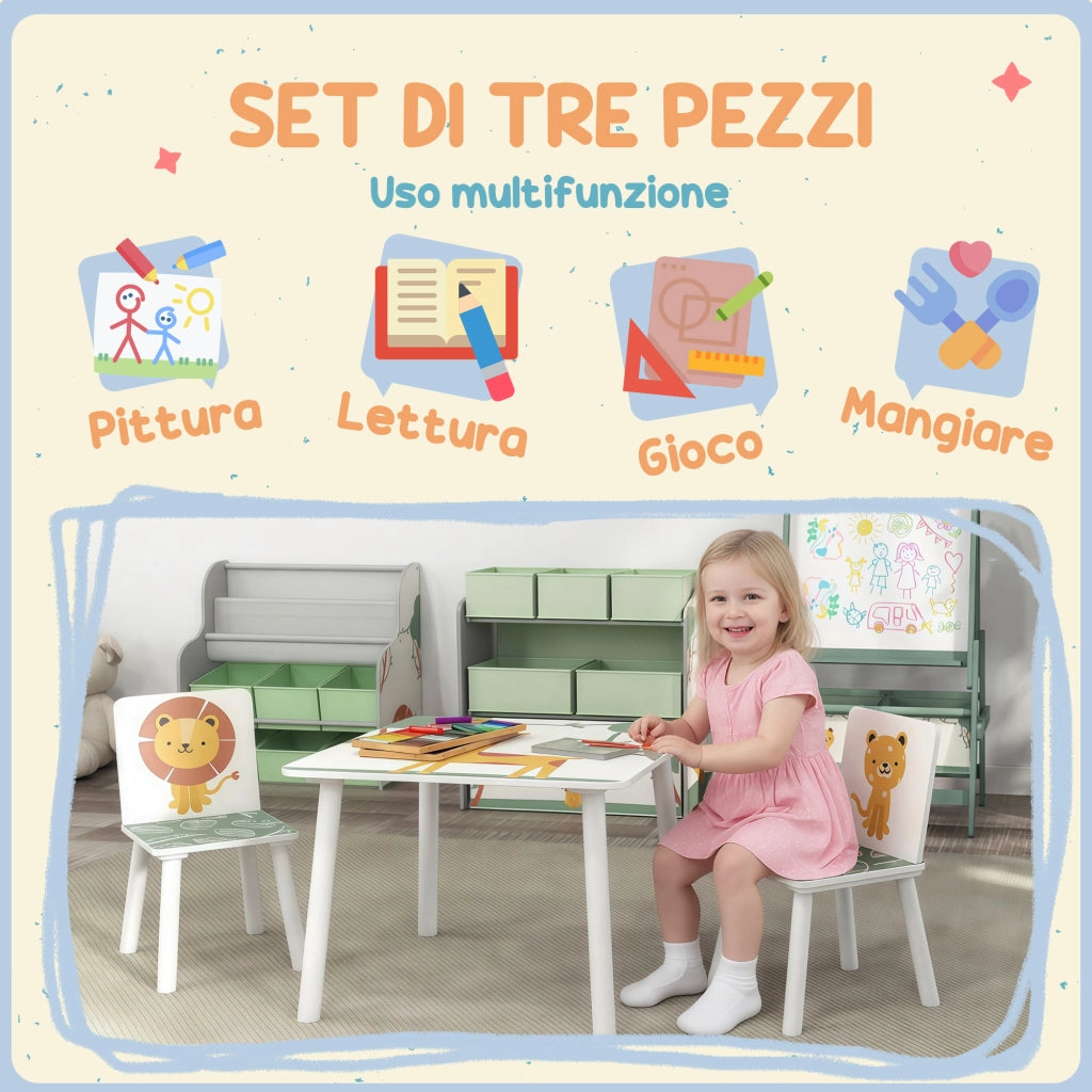 Set Tavolino e 2 Sedie per Bambini 3-8 Anni in MDF Fantasia con Animali Verde