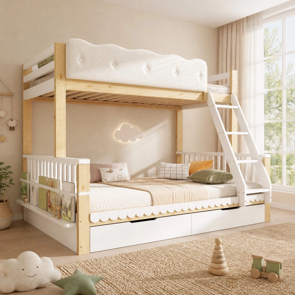 Letto a castello per bambini 90x200/140x200 cm con cassetti, portariviste e scala inclinata, Bianco & Rovere