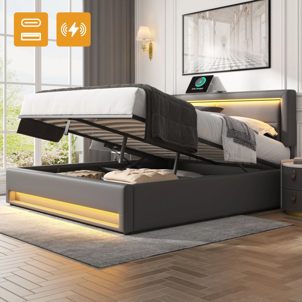 Letto imbottito – 140x190 cm – USB LED contenitore – PU litchi grigio