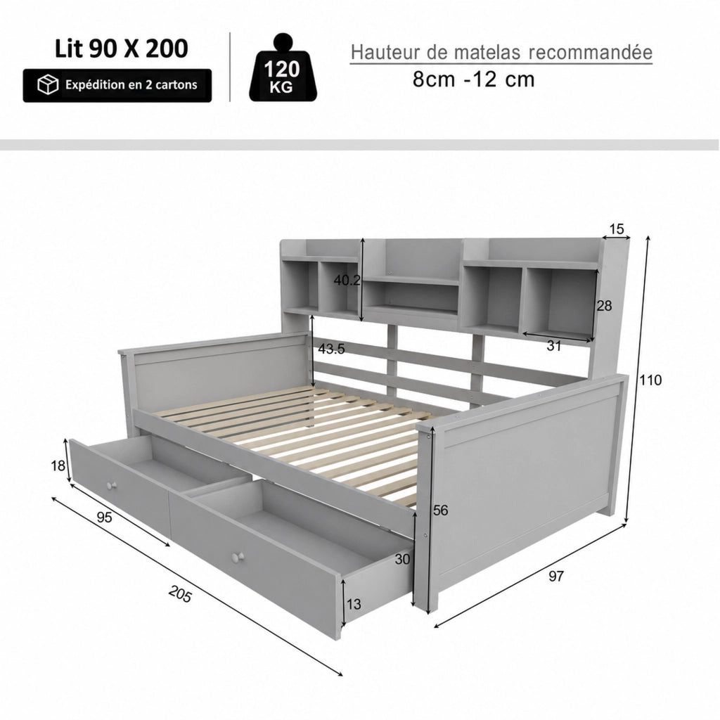 Divano letto con 2 cassetti e vani portaoggetti in legno massiccio per cameretta e ragazzi, grigio 90 × 200 cm