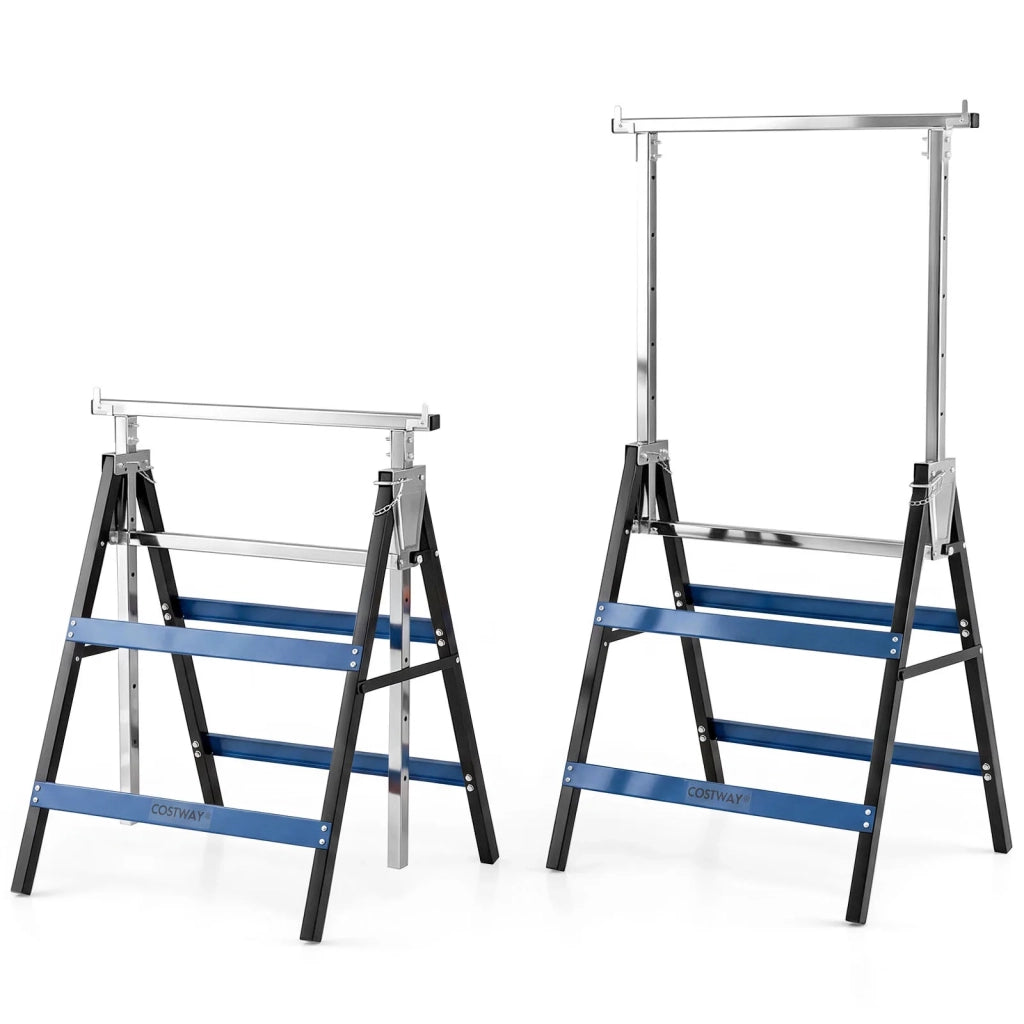 Set di 2 Cavalletti da Lavoro Pieghevoli in Metallo ad Altezza Regolabile, Cavalletti Telescopici per Bricolage e Officina, Blu