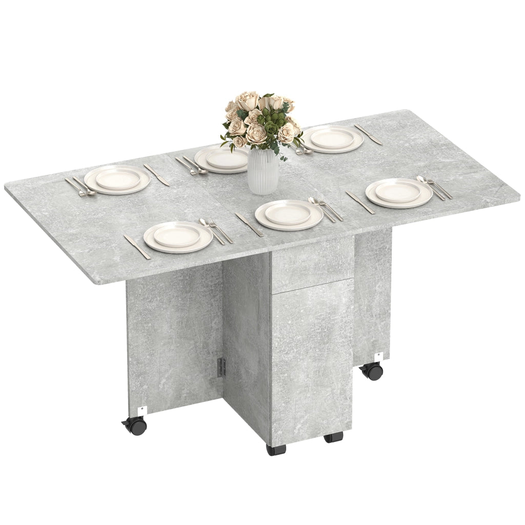 Tavolo da pranzo pieghevole con 2 cassetti, ante e armadietto ¨C Zephmum ¨C Legno, grigio cemento, 140x76x74 cm