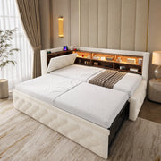 Divano letto estraibile 90x190 cm con LED; USB e Type-C; bracciolo contenitore; velluto beige