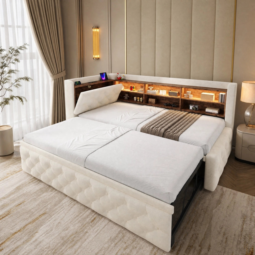 Divano letto estraibile 90x190 cm con LED; USB e Type-C; bracciolo contenitore; velluto beige