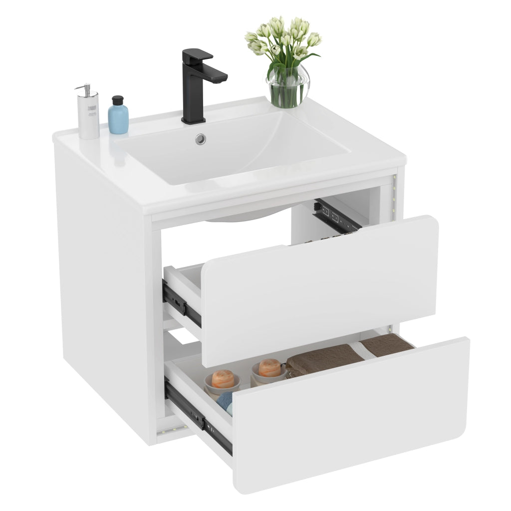 Mobile sottolavabo da bagno con lavabo in ceramica, 2 cassetti, LED con sensore radar, per bagno, bianco 60 × 46 × 50 cm