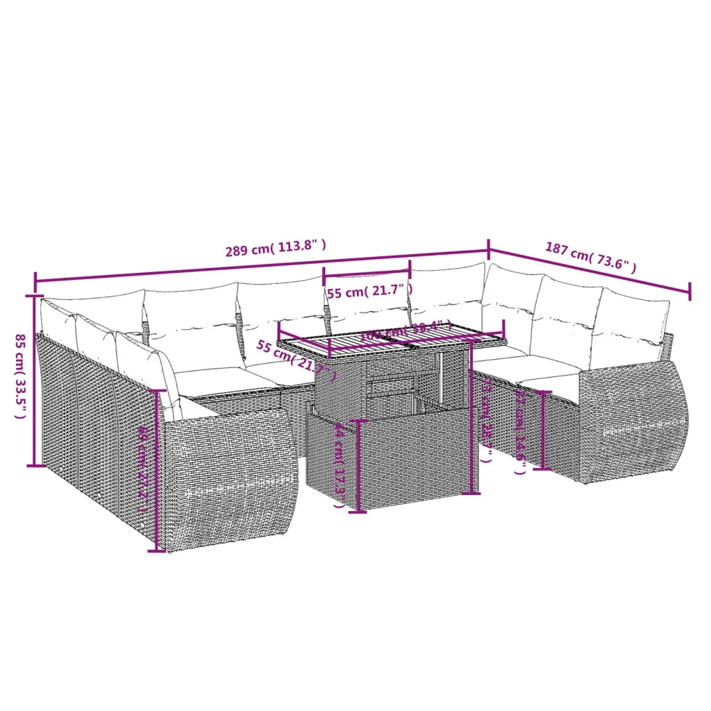 Set Divani da Giardino 10pz con Cuscini in Polyrattan Nero 3272336