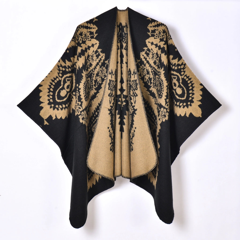 Poncho/scialle da donna caldo e accogliente con jacquard a motivo retr¨°, spesso e diviso.
