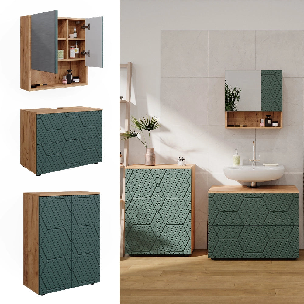 Vicco Set mobili bagno Quercia verde/oro 3 parti, con base 80 cm