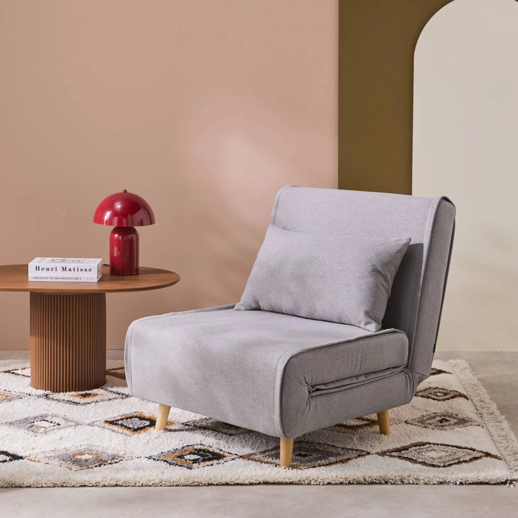 Poltrona letto convertibile tessuto con piedi in legno 1 posto, grigio