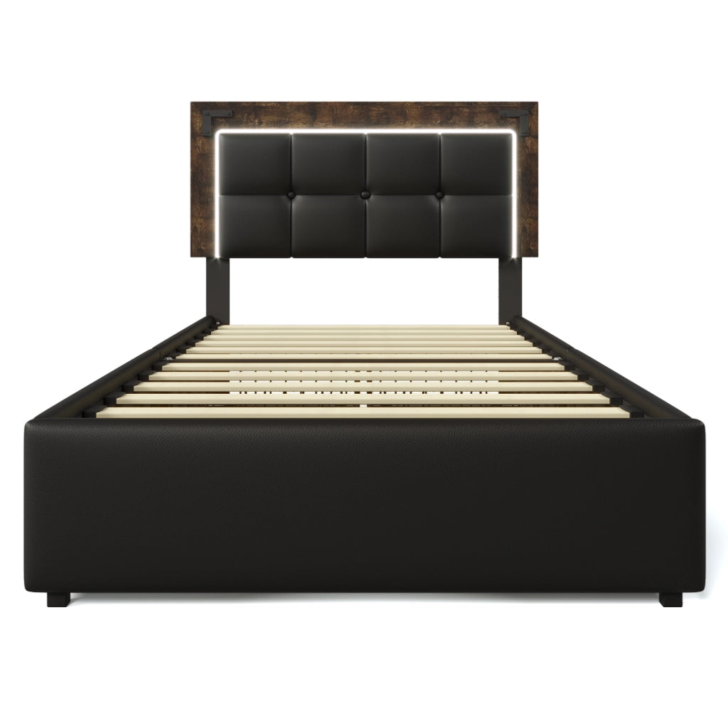 Letto singolo 90 × 200 cm con LED, 4 cassetti, testiera regolabile, con materasso, in PU nero