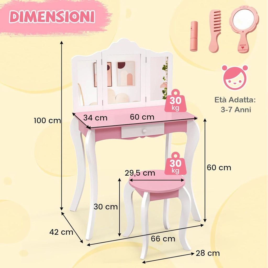 Set Toeletta da Trucco per Bambini, Toeletta Trucco con Specchio Triplo Pieghevole in Acrilico, Sgabello, Cassetto e Accessori, Bianco e Rosa