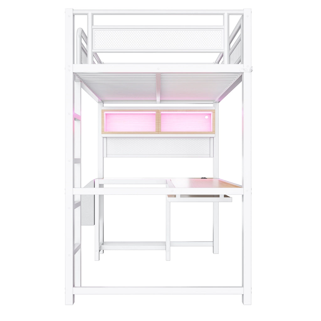 Letto a soppalco 90x200 cm con scrivania; LED e presa di ricarica in MDF e metallo bianco