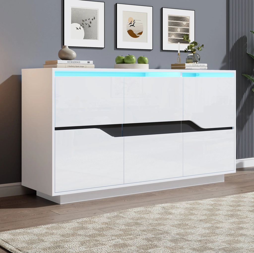 Credenza moderna bianco e nero 140 x 40 x 70 cm con LED e ante regolabili