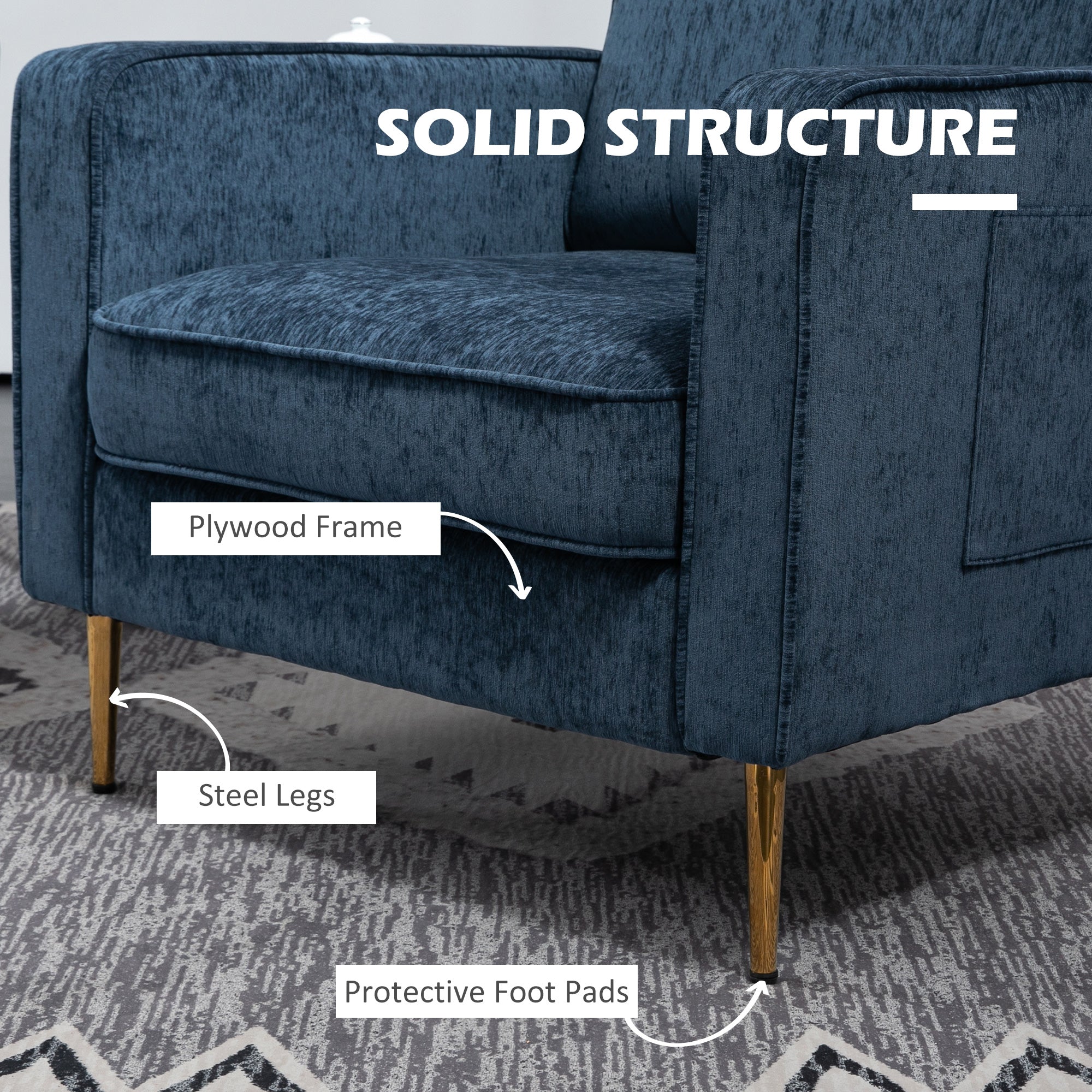 Poltrona da Salotto  con Gambe in Acciaio Dorate e Tasche Laterali 81x84x87 cm in Tessuto Blu