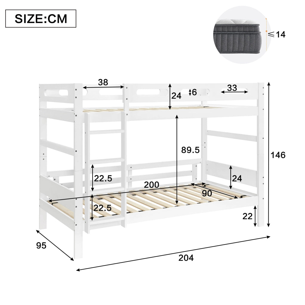 Letto a castello 90x200 cm con scala e barriera di sicurezza in legno bianco