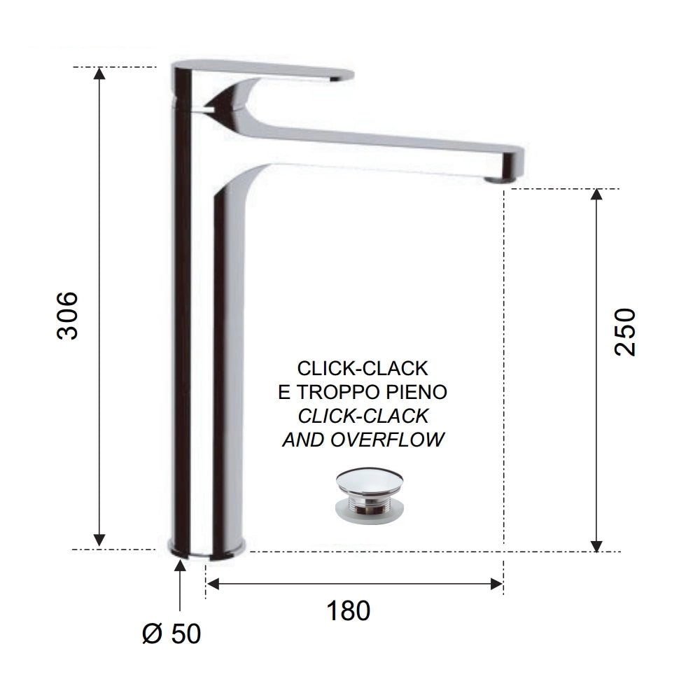 Class line miscelatore lavabo per bagno moderno con o senza piletta click clack