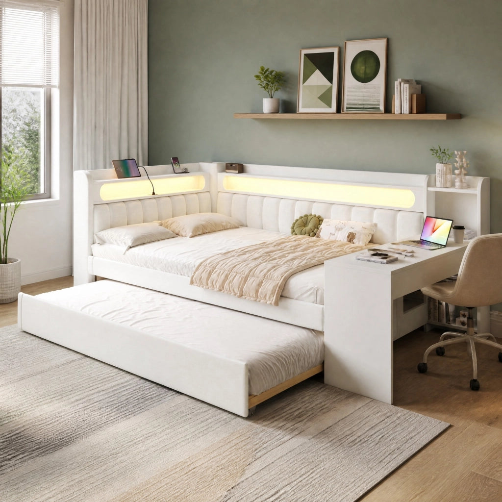 LETTO Giorno 140x200 cm Imbottito Bianco con letto estraibile, scrivania, LED e USB