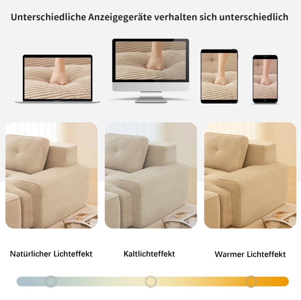 Divano modulare boneless con seduta profonda 204x177x69 cm in tessuto a coste beige