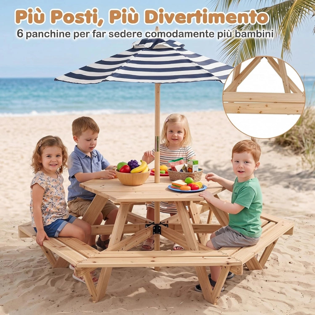 Tavolo Esagonale da Picnic per Bambini 3+ Anni con 6 Panche | Tavolino in Legno Massello con Ombrellone Rimovibile e Regolabile per Giardino, Balcone e Cameretta