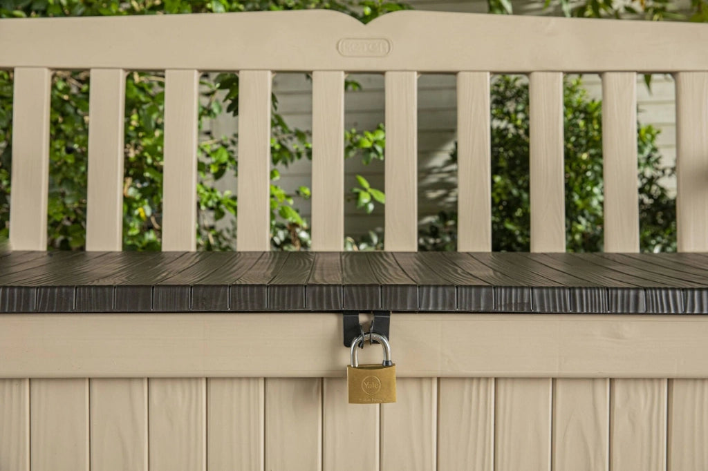 Cassapanca outdoor Chestermere, Baule da giardino, Contenitore da esterno, Panchina contenitore da esterno, 140x60 h84 cm, Beige e Marrone