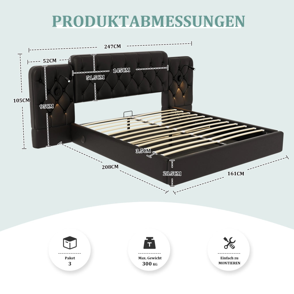 OKWISH Letto Contenitore 160×200 cm, Letto Matrimoniale con USB, Luci da Lettura e Contenitore, senza Materasso, in Ecopelle PU, Nero