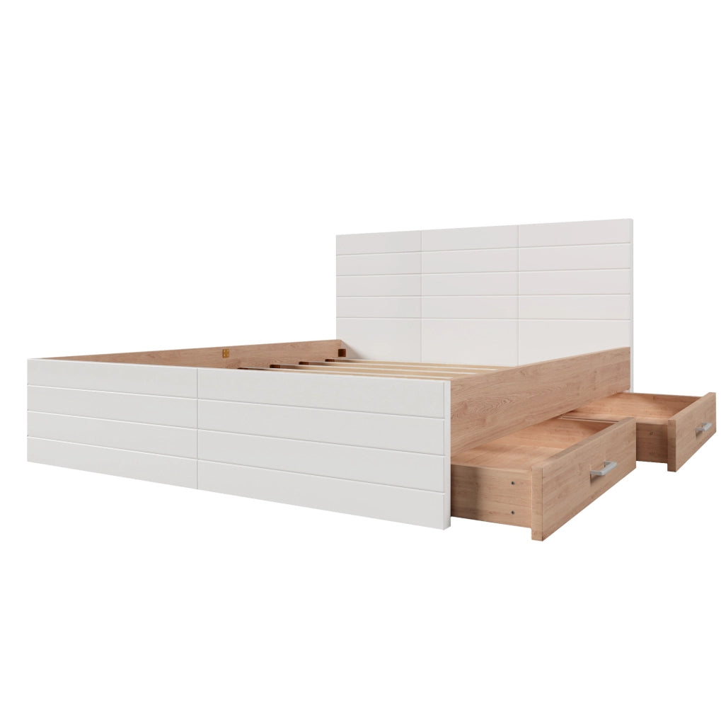Letto matrimoniale 180x200 cm con 2 cassetti; rete a doghe; bianco e rovere