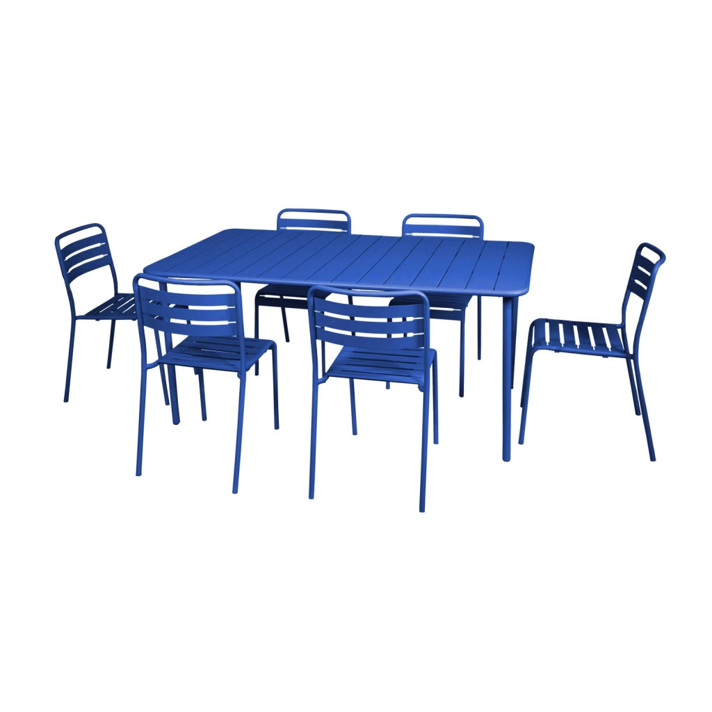 Set tavolo da giardino in acciaio con 6 sedie, 160cm, blu elettrico