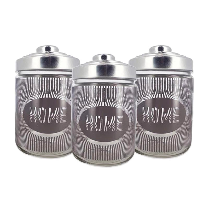 SET 3 BARATTOLI DUNE IN VETRO CON FANTASIA E SCRITTA HOME COLORE GRIGIO CON TAPPO 800 CC