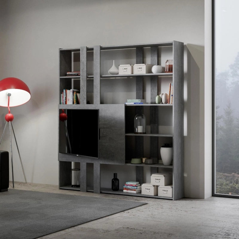 Composizione Libreria Kato 6R 2 fianchi 2 fasce lunghe 2 fasce corte 2 fasce medie pannello TV - Cemento,H