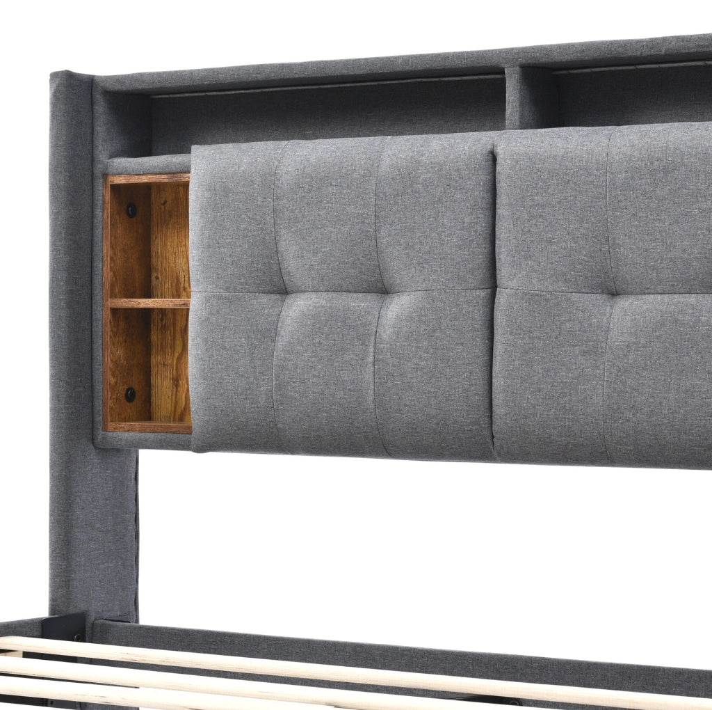 Letto matrimoniale imbottito 160x200 cm con testiera contenitore; USB e LED; grigio