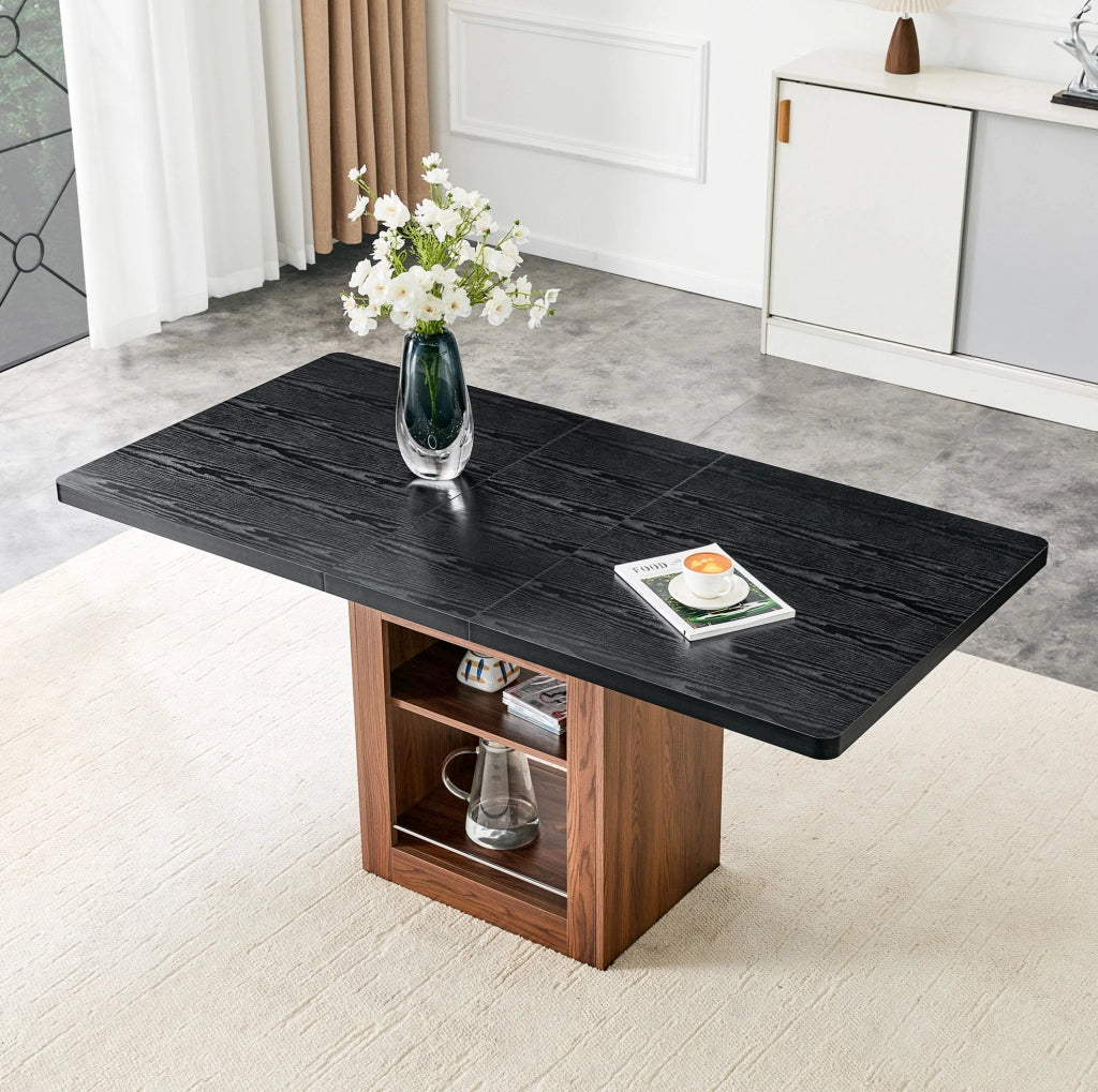 Tavolo da pranzo allungabile 130-160 cm con ripiano; MDF; nero e noce