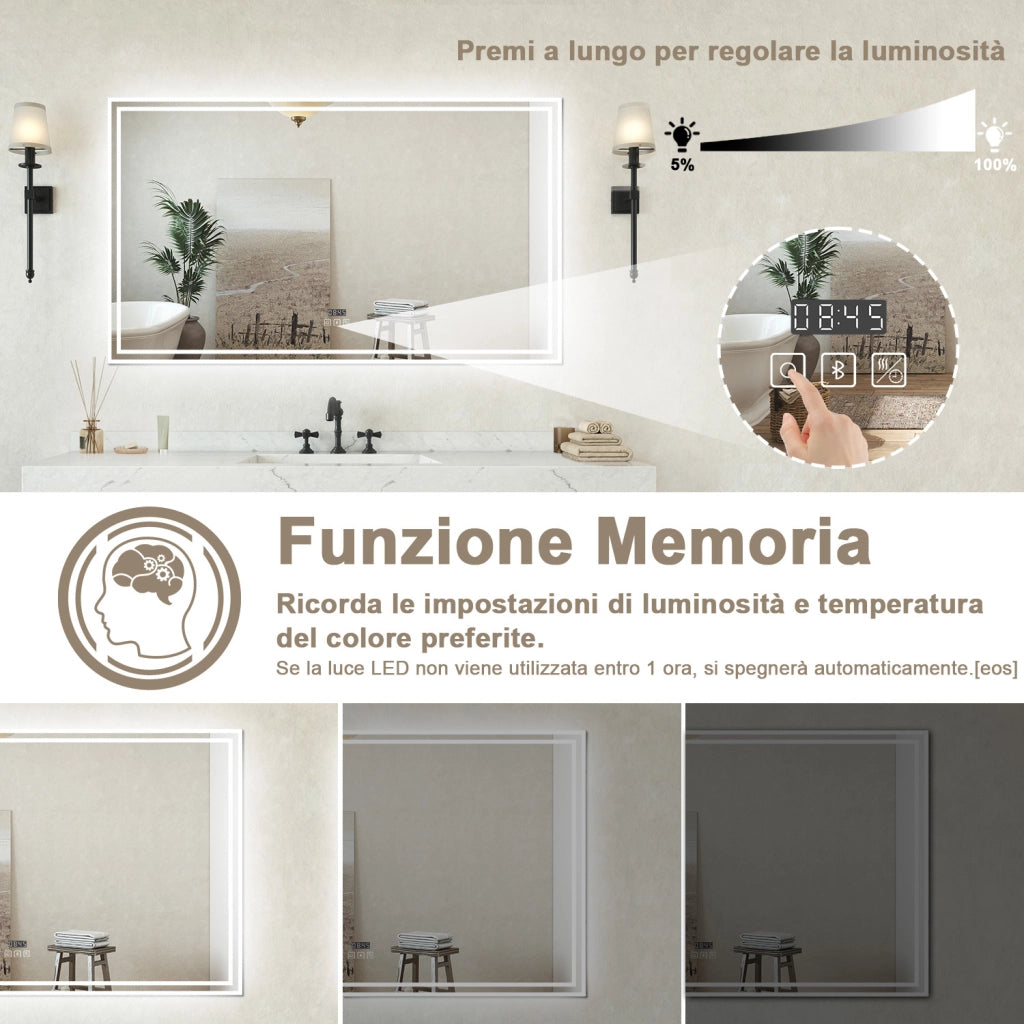 Specchio bagno Rettangolare 120x70cm Led Con 3 Luci Bluetooth + Orologio + Antiappannamento