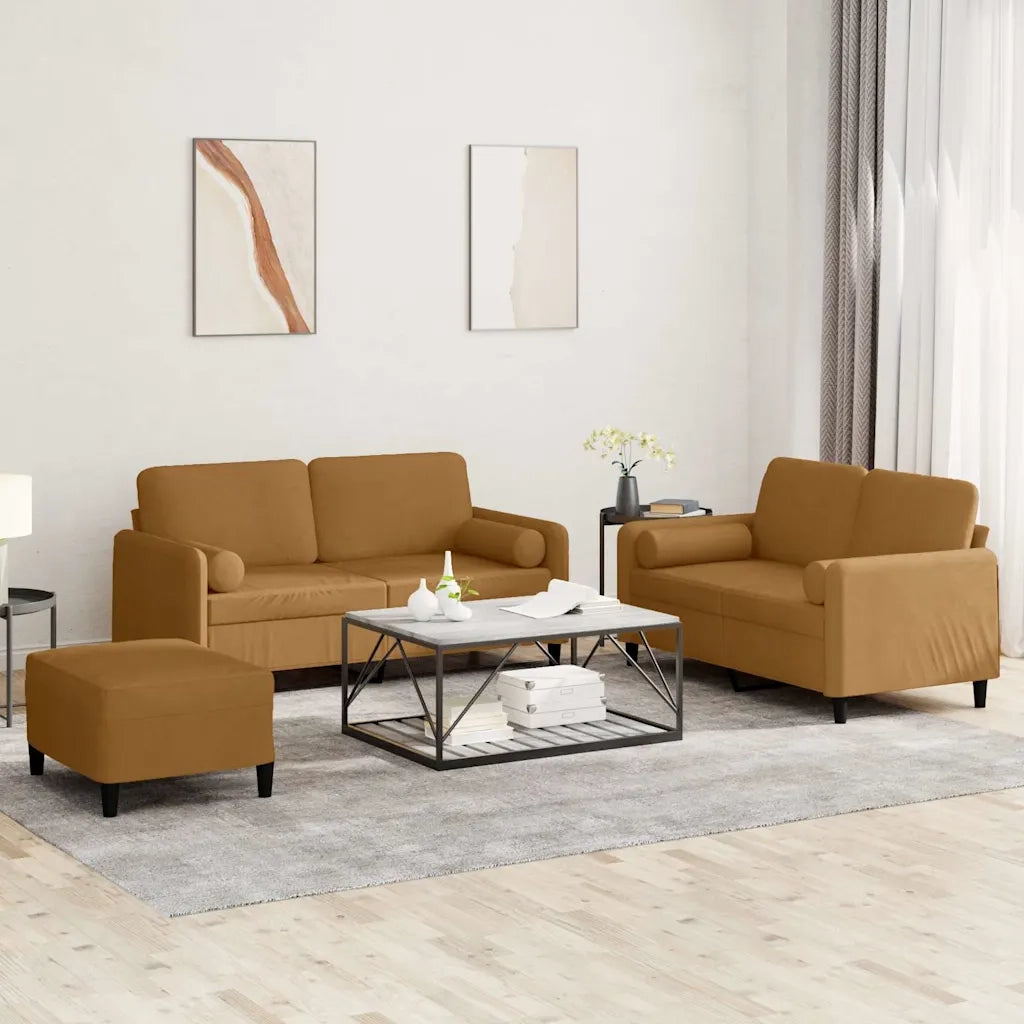 Set di Divani 3 pz con Cuscini Marrone in Velluto
