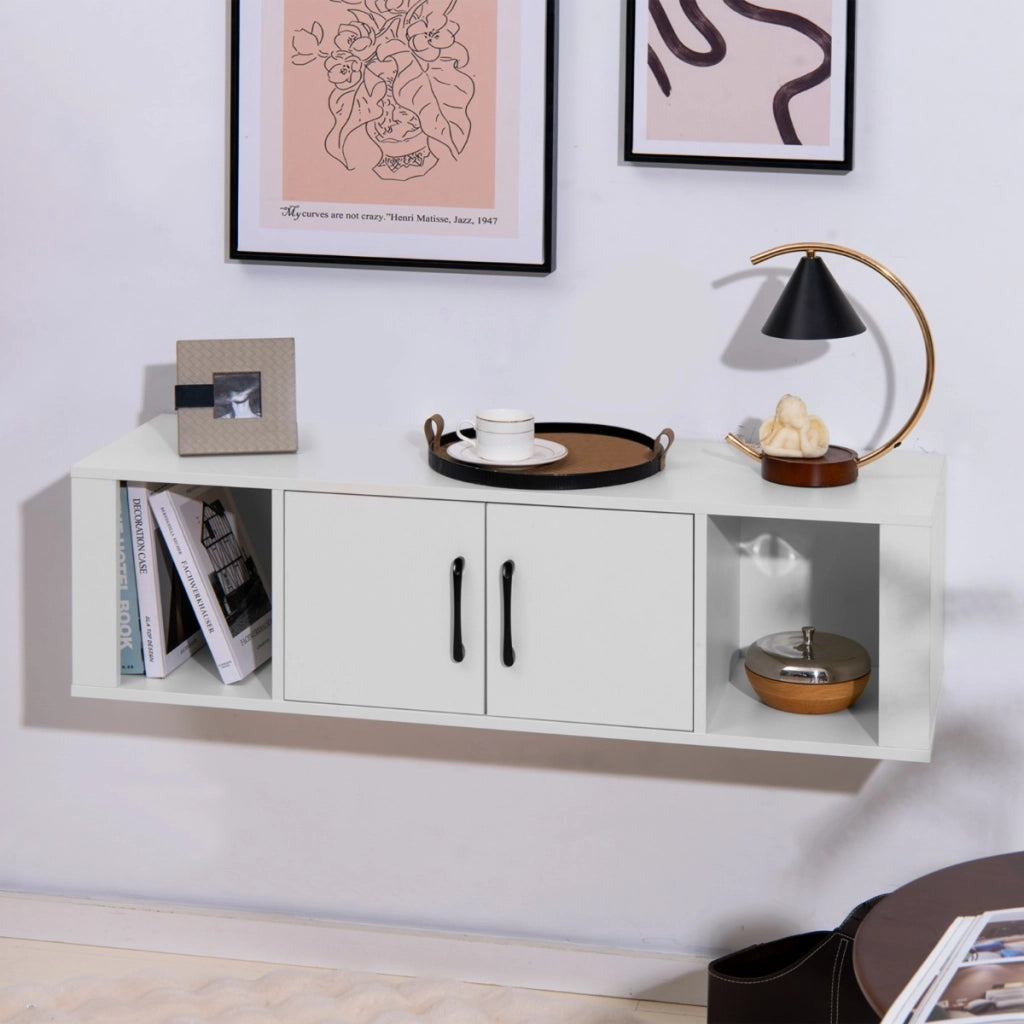 Libreria a parete con 2 cubi e mobile per console multimediale per soggiorno, Armadietto sospeso a 2 ante Bianco-Armadi da parete