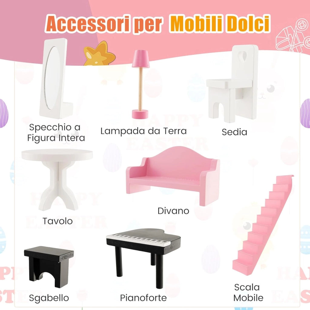 Casa delle Bambole in Legno per Bambini, Casetta delle Bambole con Stanze e Set di Mobili, 2 Grandi Lucernari e Carta da Parati, Regalo per Bambini 3+ Anni