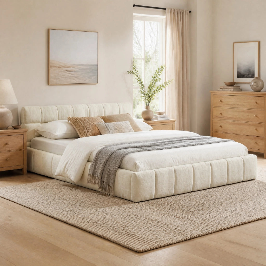 Letto matrimoniale 140x200 cm in chenille beige; con struttura in legno di eucalipto e ferro