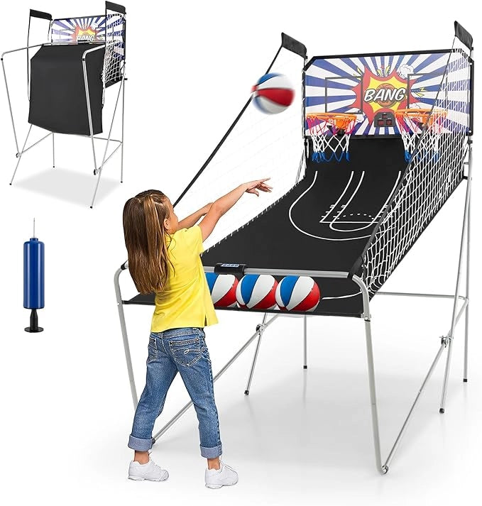 Macchina da Pallacanestro Elettronica, Canestro Basket da Camera a Doppio Tiro Pieghevole con Punteggio Elettronico, 4 Palle, 8 Modalità di Gioco e 2 Canestri (Blu e bianco)