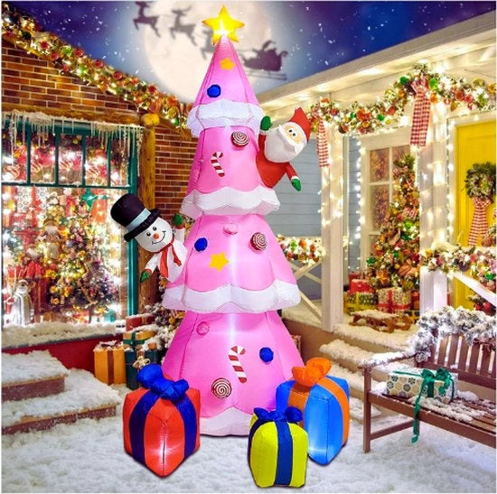 Albero di Natale Inflatabile - Albero di Natale Rosa Con Babbo Natale E Palla di Neve - Scatola Regalo Inflatabile - Decorazione di Natale Inflatabile Con Illuminazione LED Integrata Per Natale - Vacanze - Festa - Giardino - Decorazione